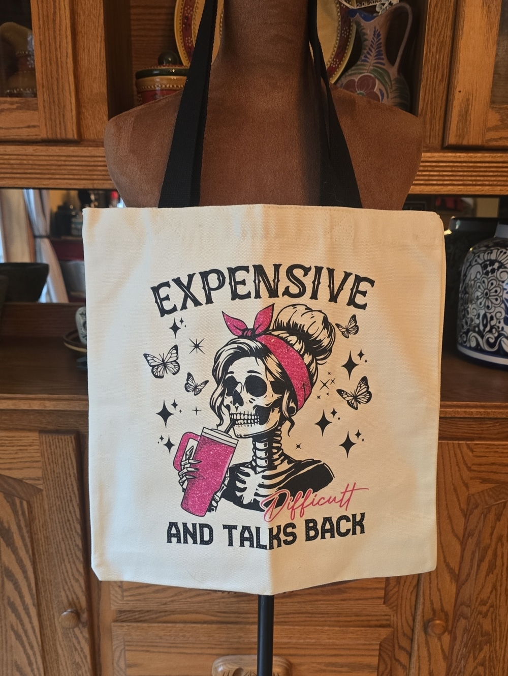 Canvas Graphic Tote Bag in Cream with Pink Accent